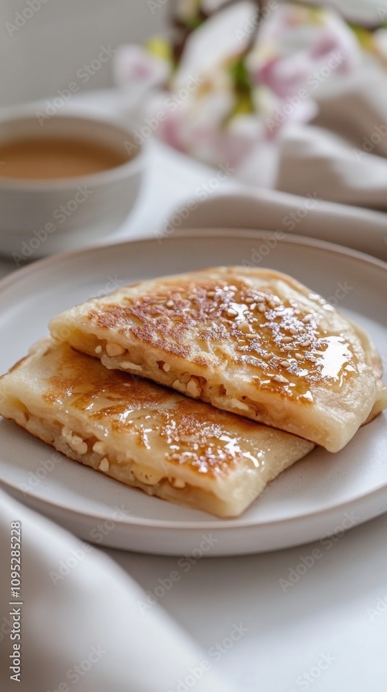 白い背景に蜂蜜をかけたおいしいペストリーのクローズアップ 白い背景に蜂蜜をかけたおいしいペストリーのクローズアップ
