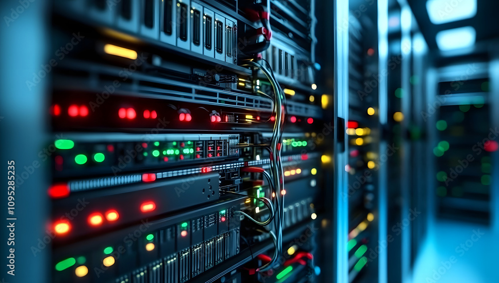 Modern Rack LED console in server room data center. Generative AI. Modern Rack LED console in server room data center. Generative AI.