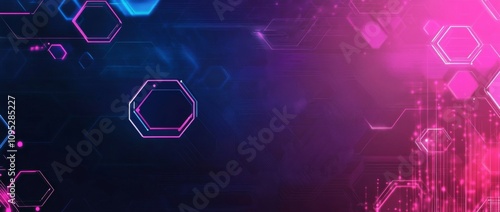  Abstract technology background featuring interconnected hexagons and dots in a geometric pattern with lines, designed for business concepts. The illustration uses blue, purple, and pink hues to conve photo