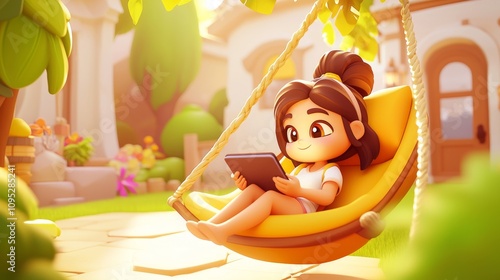 E-Reader Relaxation Pastel colored 3D cartoon style illustration.