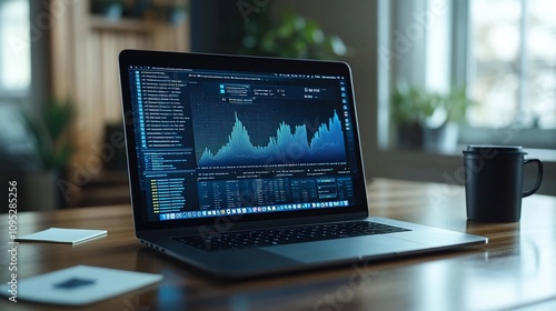 Laptop displaying financial data charts and graphs on a wooden table.