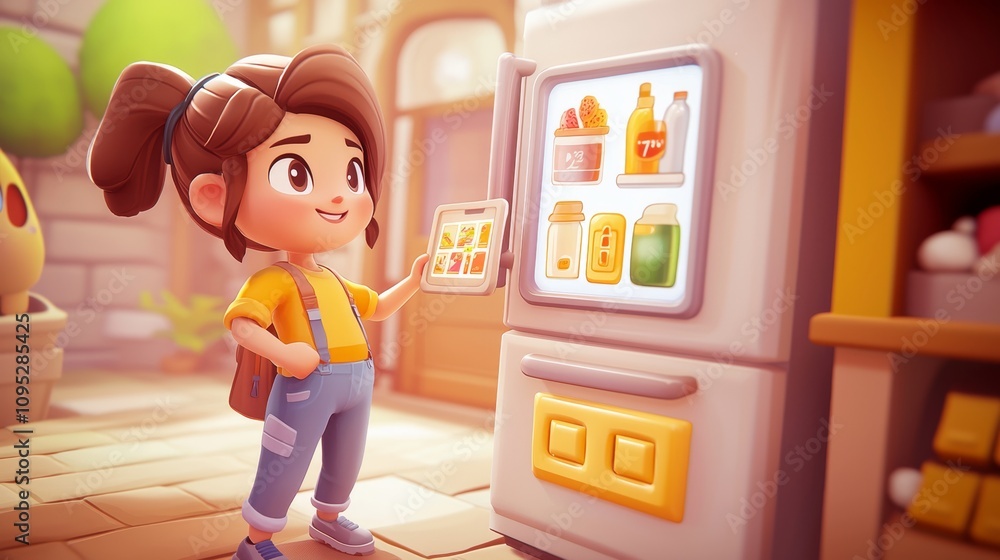 Smart Refrigerator Shopping List Pastel colored 3D cartoon style illustration.