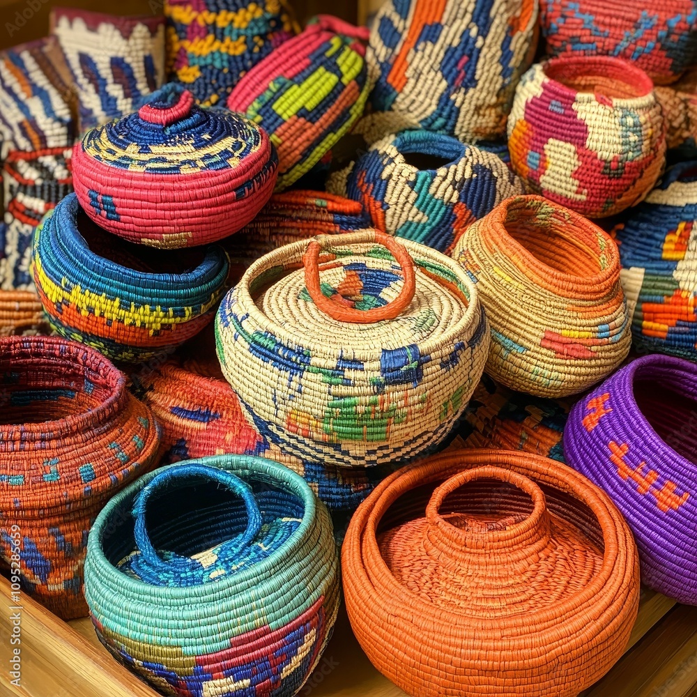 Colorful woven baskets, handcrafted, vibrant patterns. Colorful woven baskets, handcrafted, vibrant patterns.