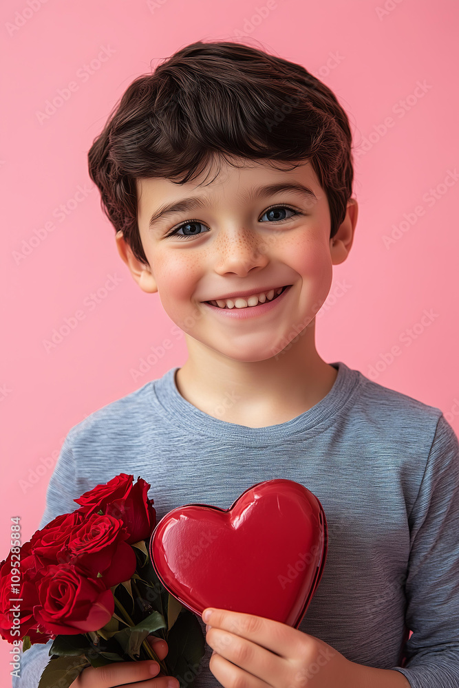 handsome young child boy, dark hair, blue eyes, smiling wearing casual , is holding roses in one hand and a red heart shaped chocolate box in the other arm, creating a Valentine's Day atmosphere handsome young child boy, dark hair, blue eyes, smiling wearing casual , is holding roses in one hand and a red heart shaped chocolate box in the other arm, creating a Valentine's Day atmosphere