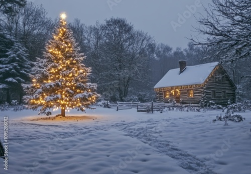 Serene Winter Scene with Snow Covered Cabin and Illuminated Christmas Tree in Soft Evening Glow, Perfect for Holiday Celebrations and Seasonal Decorations