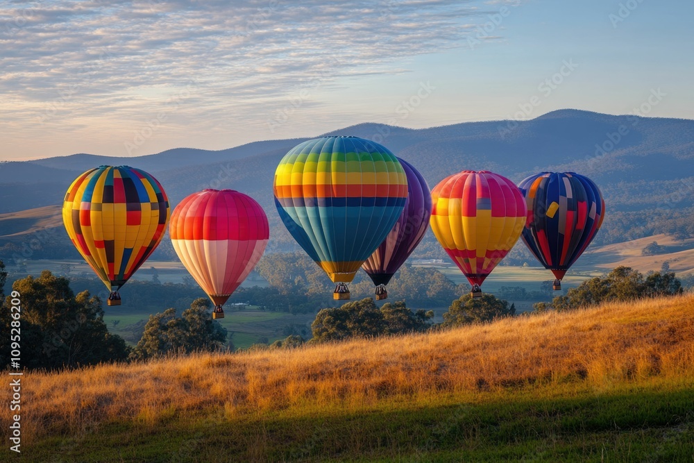 Naklejka premium Vibrant Hot Air Balloons Soar Over Australian Landscapes