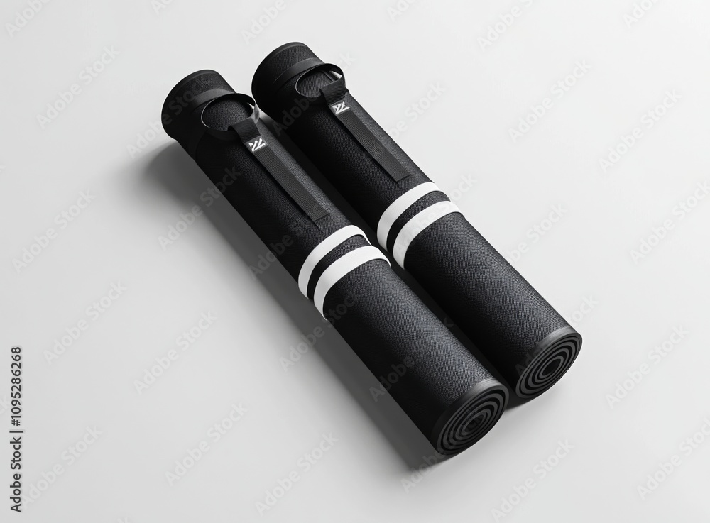 Black and white mockup of two yoga mat handle carriers for the gym, isolated on a clear background, 3D rendering, wide-angle shot from above. Black and white mockup of two yoga mat handle carriers for the gym, isolated on a clear background, 3D rendering, wide-angle shot from above.