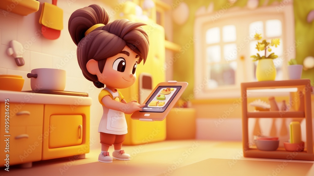 Digital Assistant Cooking Aid Pastel colored 3D cartoon style illustration.