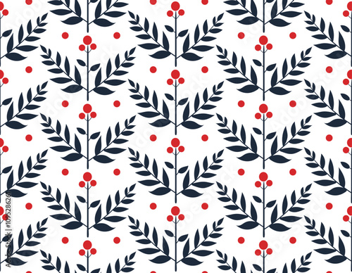 Floral pattern design featuring red dots and navy leaves suitable for textile or wallpaper use