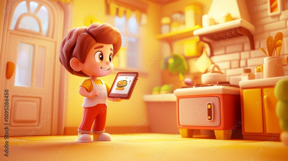 Digital Assistant Cooking Aid Pastel colored 3D cartoon style illustration.