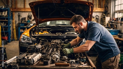 Mechanic Repairing Car Engine in Workshop