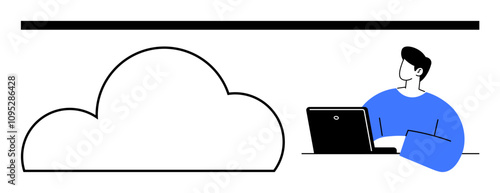 Person in blue sweater using laptop next to a cloud icon, suggesting cloud computing. Ideal for technology, data management, online storage, remote work, IT solutions, digital transformation, tech