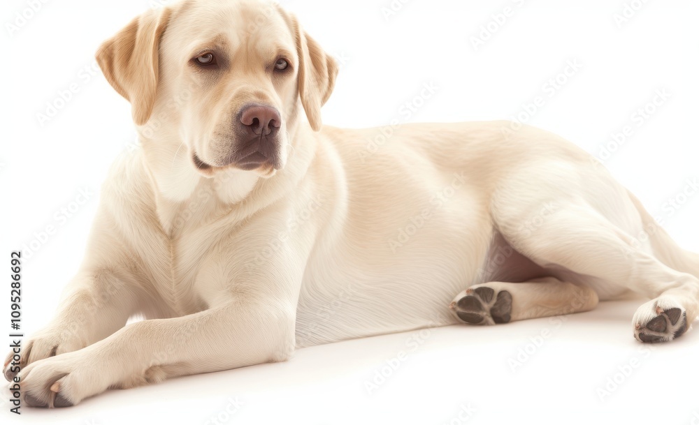Adorable Cream Labrador Retriever Relaxing on White Background with Calm Expression and Soft Fur, Perfect for Pet-Themed Projects and Animal Illustrations Adorable Cream Labrador Retriever Relaxing on White Background with Calm Expression and Soft Fur, Perfect for Pet-Themed Projects and Animal Illustrations