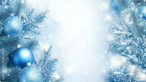 Elegant Christmas background with frosted fir branches and blue baubles surrounded by sparkling snow photo