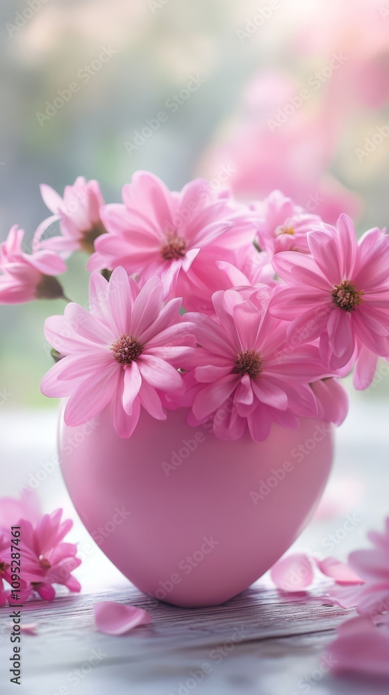 Pink Heart Vase with Delicate Flowers: A bouquet of soft pink flowers nestles in a heart-shaped vase, radiating gentle beauty and romantic charm. Pink Heart Vase with Delicate Flowers: A bouquet of soft pink flowers nestles in a heart-shaped vase, radiating gentle beauty and romantic charm.