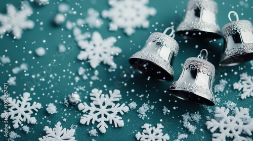 Beautiful silver bells and snowflakes on a teal background, perfect for festive celebrations.