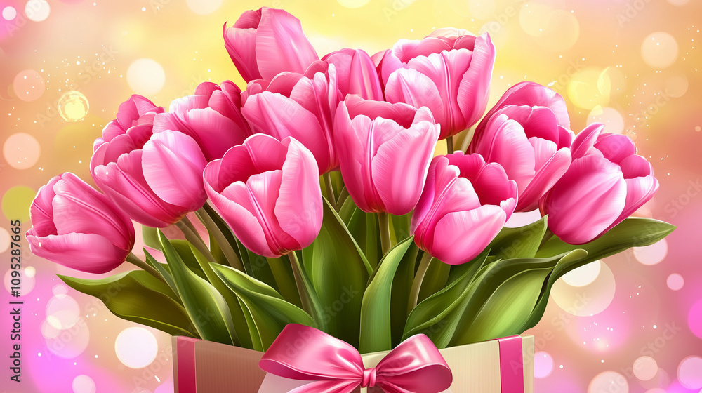 Obraz premium Vibrant bouquet of pink tulips in a decorative gift box with a ribbon on a glowing bokeh background