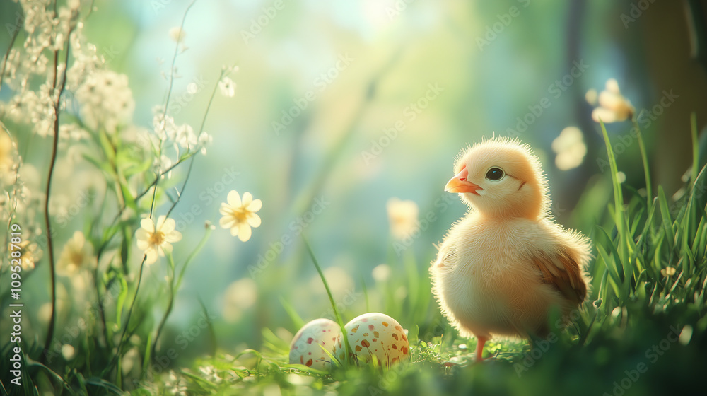 Cute fluffy chick in a sunlit meadow with delicate wildflowers and speckled eggs in a serene spring setting Cute fluffy chick in a sunlit meadow with delicate wildflowers and speckled eggs in a serene spring setting