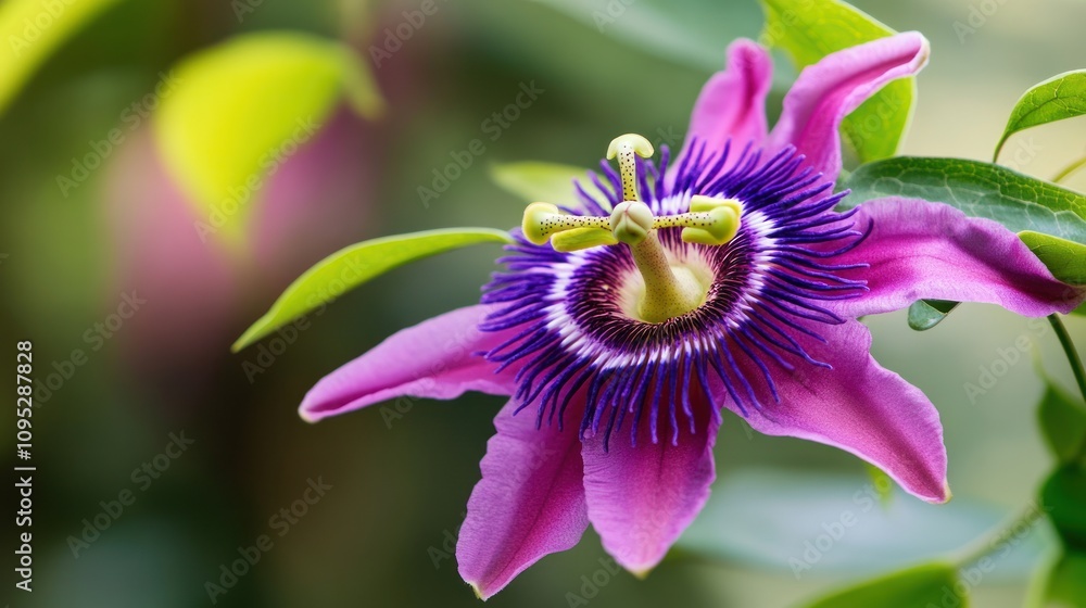 Close up of the beautiful and intricate purple passion flower, with its curly tendrils and complex center shining brightly in the sunlight. Ai generated image Close up of the beautiful and intricate purple passion flower, with its curly tendrils and complex center shining brightly in the sunlight. Ai generated image
