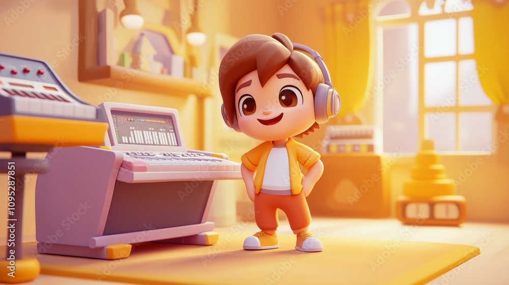 Digital Music Production Pastel colored 3D cartoon style illustration.