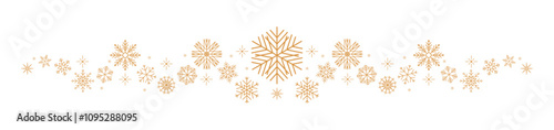Sparkles stars, snowflakes garland. Gold snowflakes wave dot particles isolated on transparent background. Seamless pattern for New Year 2025 invitation, gritting card. Vector