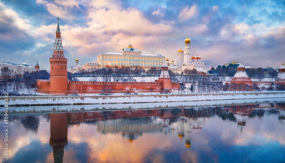 Obraz premium 눈 덮인 모스크바의 크렘린 성벽