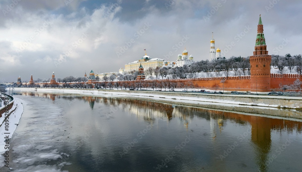 Obraz premium 눈 덮인 모스크바의 크렘린 성벽