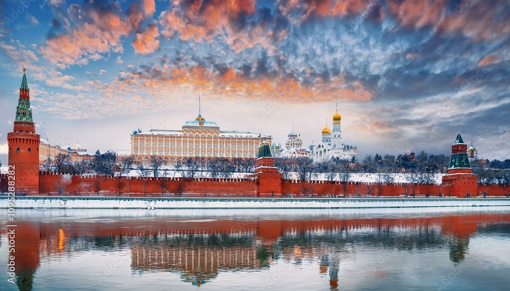 Obraz premium 눈 덮인 모스크바의 크렘린 성벽