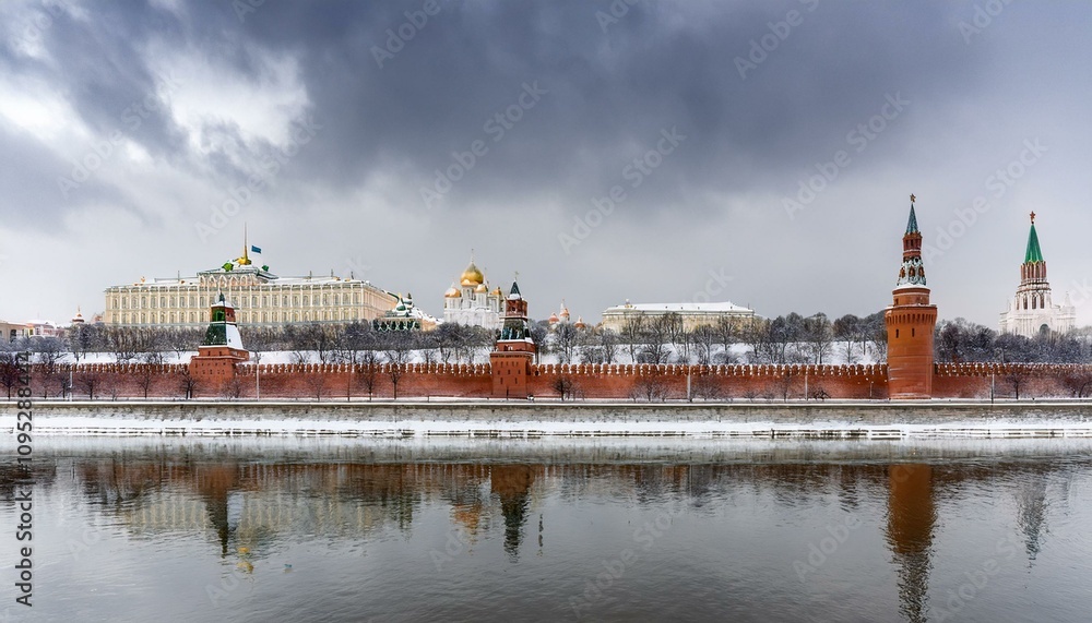 Obraz premium 눈 덮인 모스크바의 크렘린 성벽