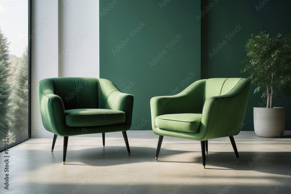 Two green armchairs in an open space Two green armchairs in an open space