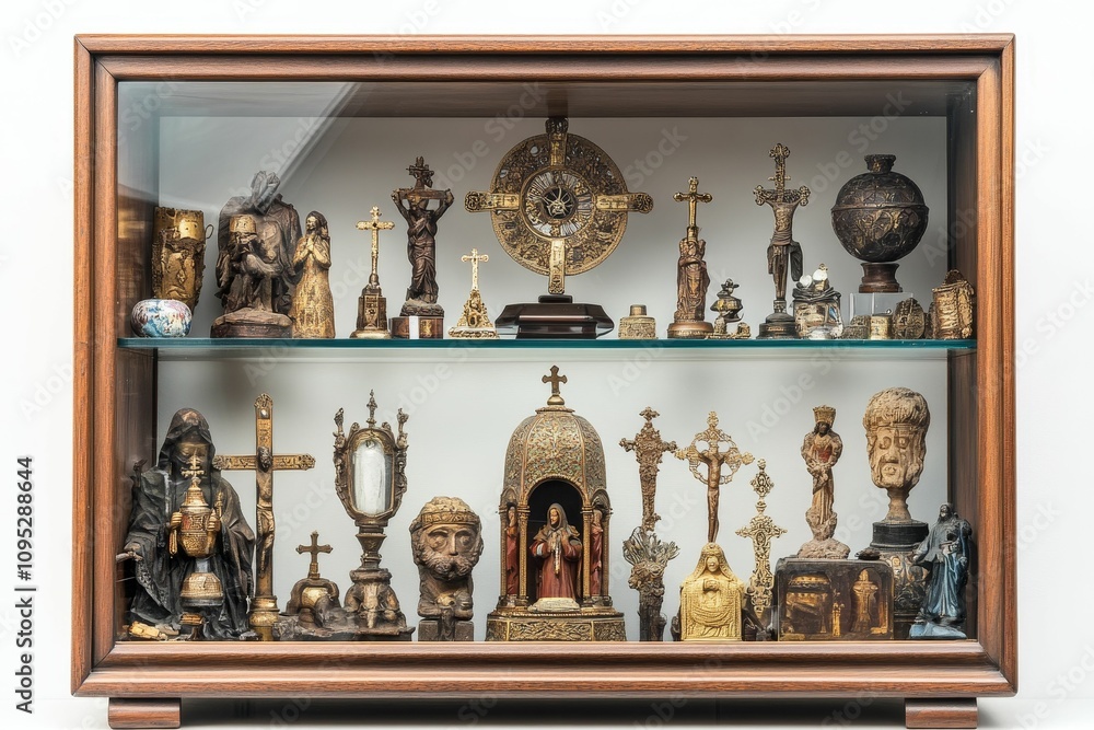 Fototapeta premium Religious artifacts displayed in wooden case.