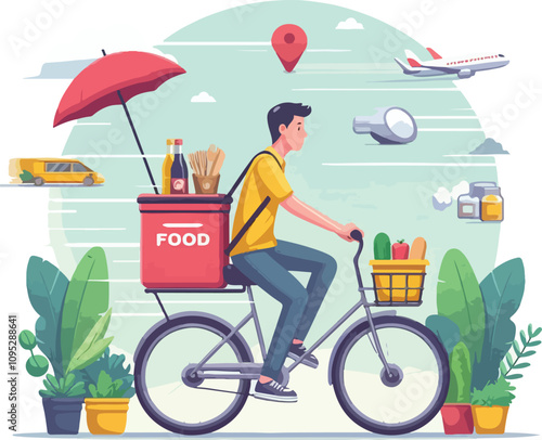 a food delivery boy is delivering food vector