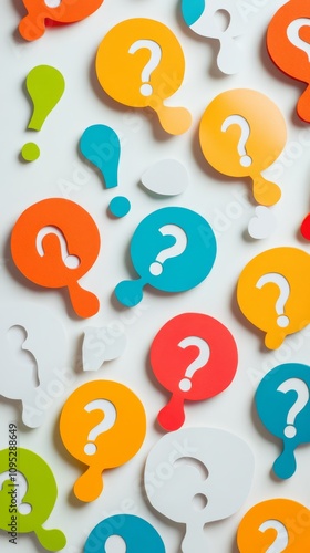 Colorful Question Marks and Exclamations: A vibrant arrangement of colorful question marks and exclamations, creating a playful