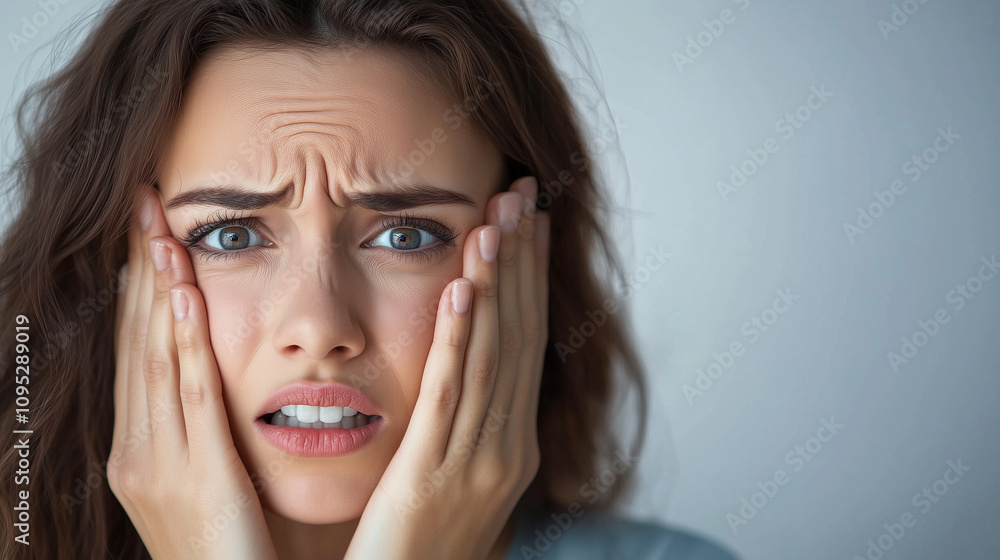 Concerned woman expressing anxiety with hands on face in a closeup emotional portrait Concerned woman expressing anxiety with hands on face in a closeup emotional portrait