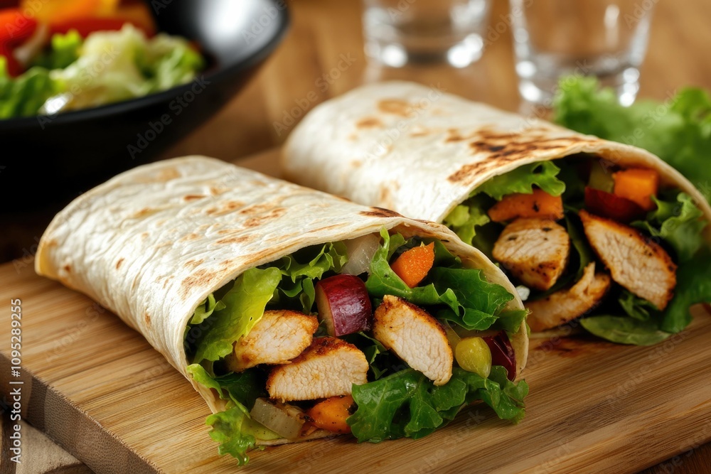 Chicken and salad tortilla wraps on a wooden board with an elegant rustic touch. Chicken and salad tortilla wraps on a wooden board with an elegant rustic touch.