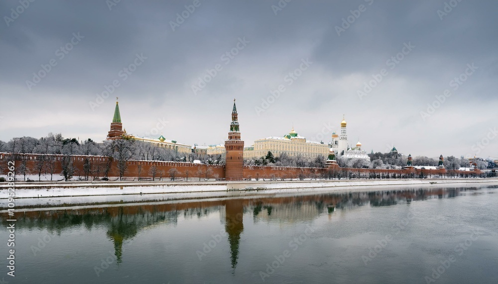 Obraz premium 눈 덮인 모스크바의 크렘린 성벽