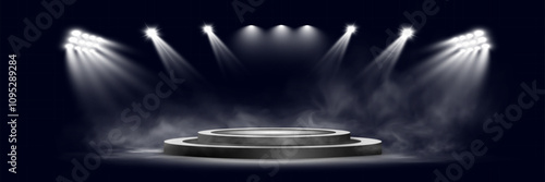 
Dark stage with spotlight beams shining on a circular podium surrounded by smoke and a dramatic atmosphere.
