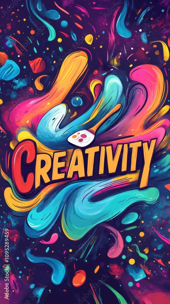 Creativity Unleashed: A vibrant abstract design explodes with color, capturing the essence of innovation and artistic expression. The word Creativity Unleashed: A vibrant abstract design explodes with color, capturing the essence of innovation and artistic expression. The word