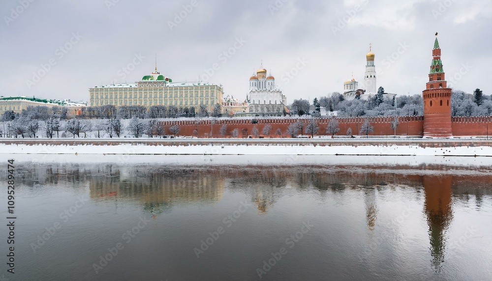 Obraz premium 눈 덮인 모스크바의 크렘린 성벽 