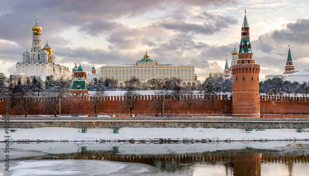 Fototapeta premium 눈 덮인 모스크바의 크렘린 성벽 