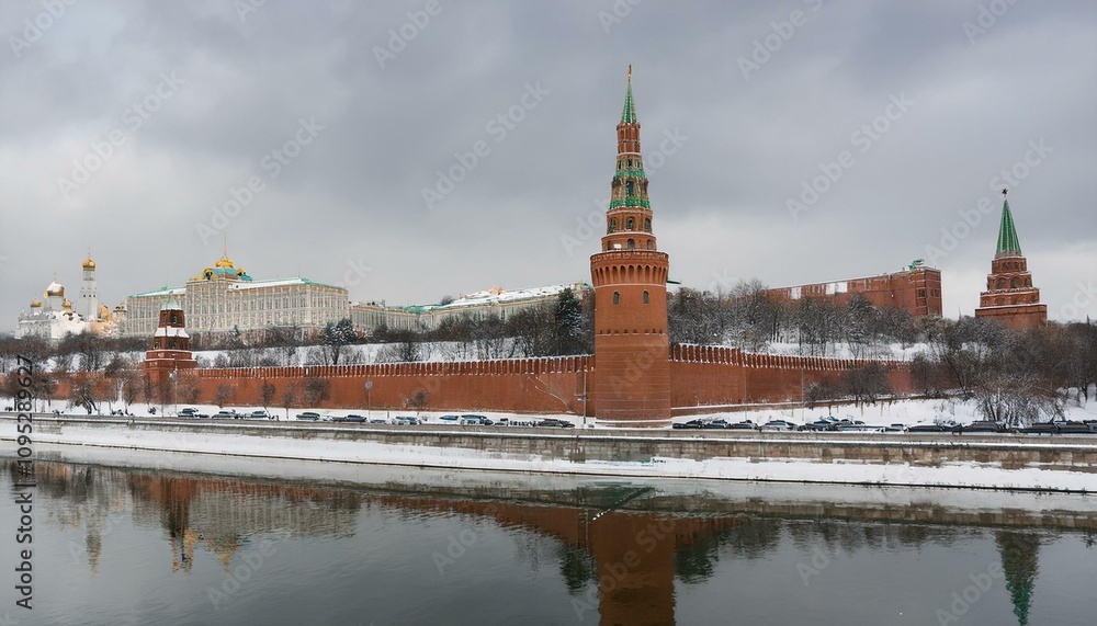 Fototapeta premium 눈 덮인 모스크바의 크렘린 성벽 