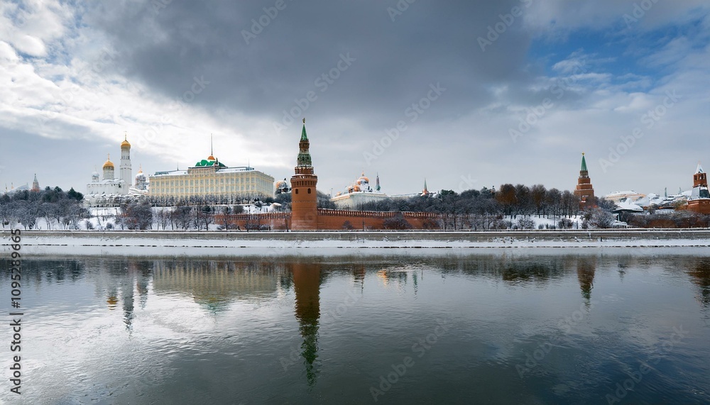 Obraz premium 눈 덮인 모스크바의 크렘린 성벽 