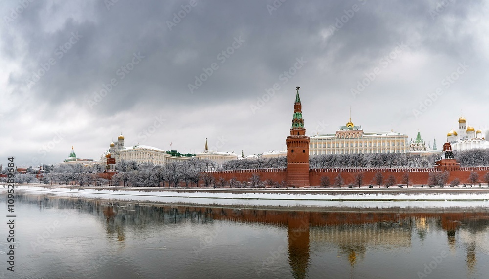 Obraz premium 눈 덮인 모스크바의 크렘린 성벽 