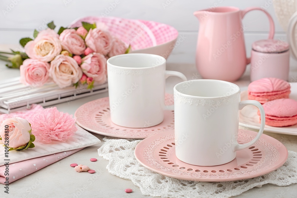 Elegant Valentine's Day setting with two white mugs, pink plates, macarons, pastel roses, and lace. Feminine and cozy scene for romantic-themed mockups or product displays. Elegant Valentine's Day setting with two white mugs, pink plates, macarons, pastel roses, and lace. Feminine and cozy scene for romantic-themed mockups or product displays.