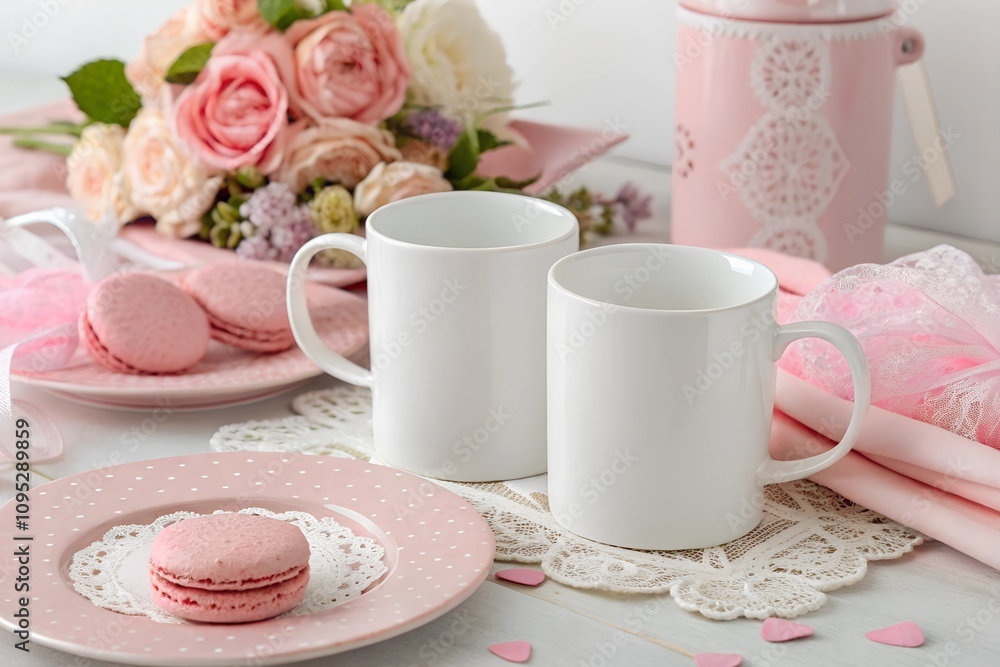 Romantic table setting with two white mugs, pink macarons, lace doilies, and a bouquet of pastel roses. Perfect for Valentine's Day mockups or gift ideas.