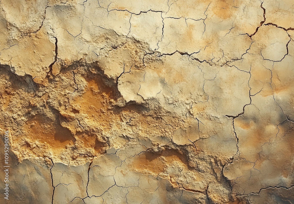 Fototapeta premium Textured background of dry, cracked earth with shades of yellow, orange, and brown demonstrating the effects of drought and arid conditions on natural surfaces