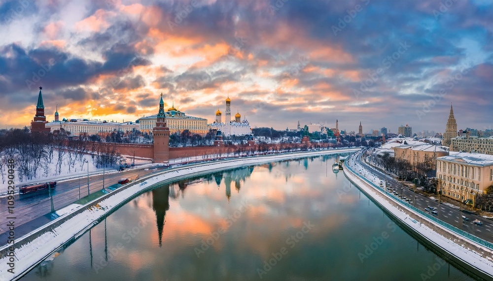 Obraz premium 눈 덮인 모스크바의 크렘린 성벽 