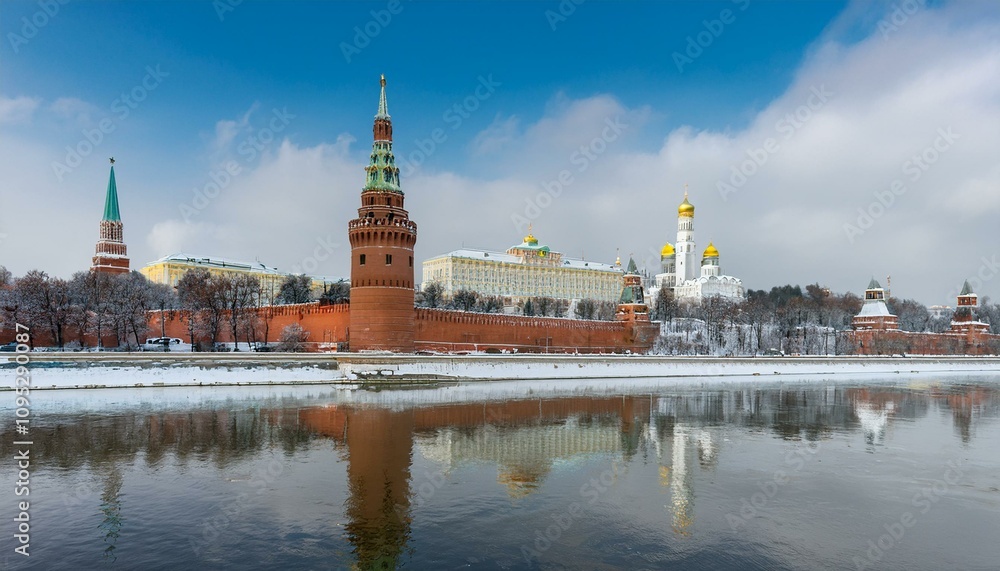 Obraz premium 눈 덮인 모스크바의 크렘린 성벽 