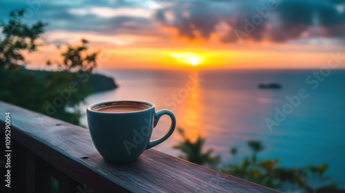 Illustration of a serene sunset with a cup of coffee on a wooden table, facing the calm sea. Ai generated image