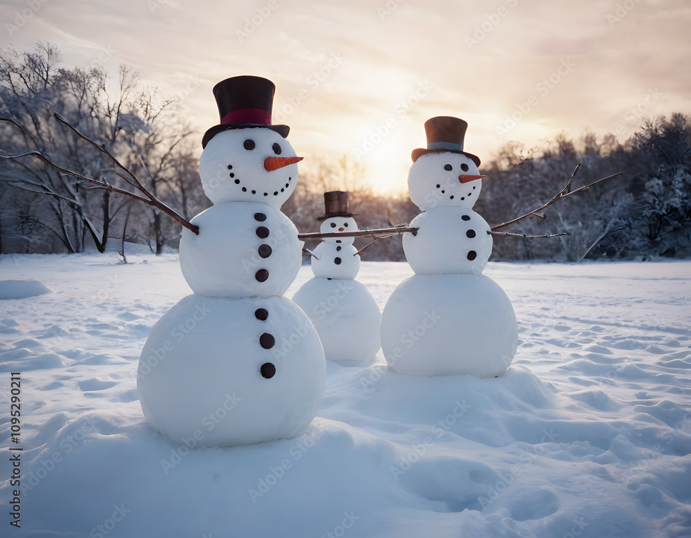Snowmen on a sunny day in the forest Snowmen on a sunny day in the forest